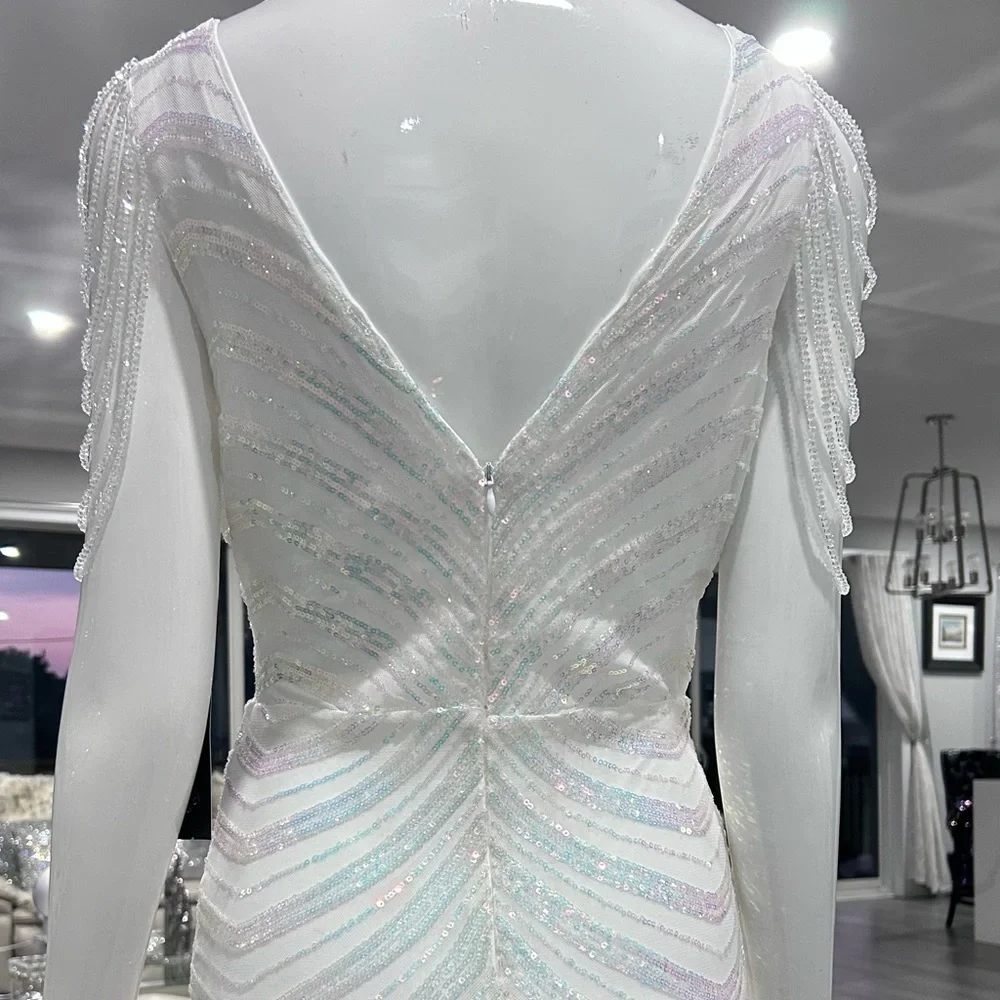 New 🌐 Iridescent White Sequin Dress with Beaded Shoulders. - Picture 9 of 16